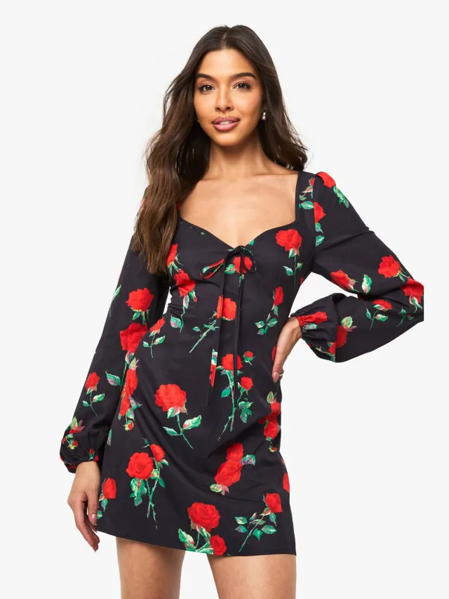 boohoo Dames Bloemige Milkmaid Mini-jurk Zwart