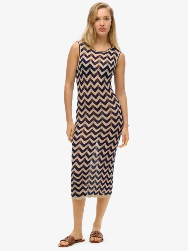 Superdry Gebreide midi-jurk met zigzagmotief - Dames - Jurken Navy Gold Zigzag