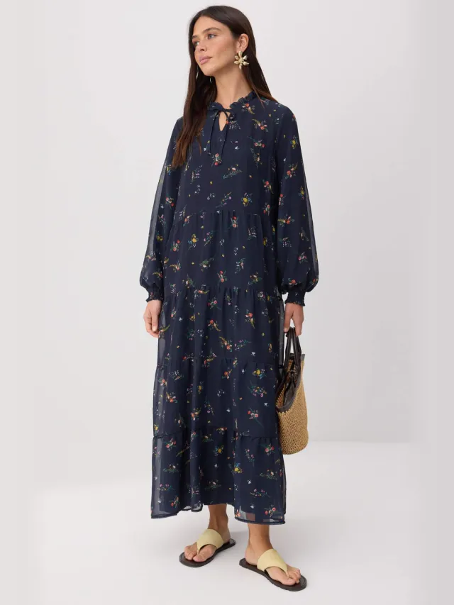 Trendyol Modest Dames Donkerblauw Bloemen Maxi Lang Avond / Dagelijks Recht Modest Jurken Marineblauw/Blauw