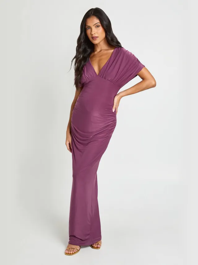 boohoo Dames Zwangerschaps Vleermuis Geplooide Taille Maxi Jurk Moerbei