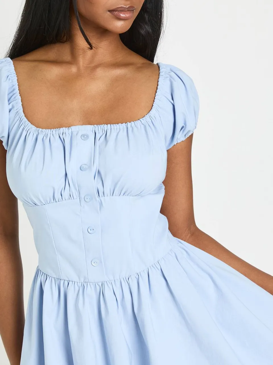 boohoo Dames Mini Jurk Met Volumemouwen En Melkmeisjeshals pastelblauw, foto 4