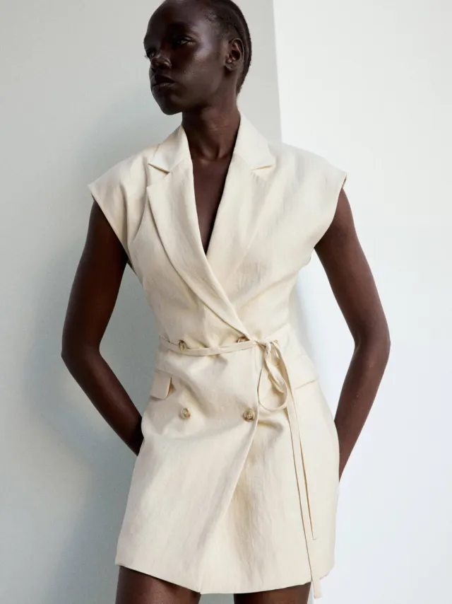 Mango korte zomerjurk met ceintuur - beige, foto 4