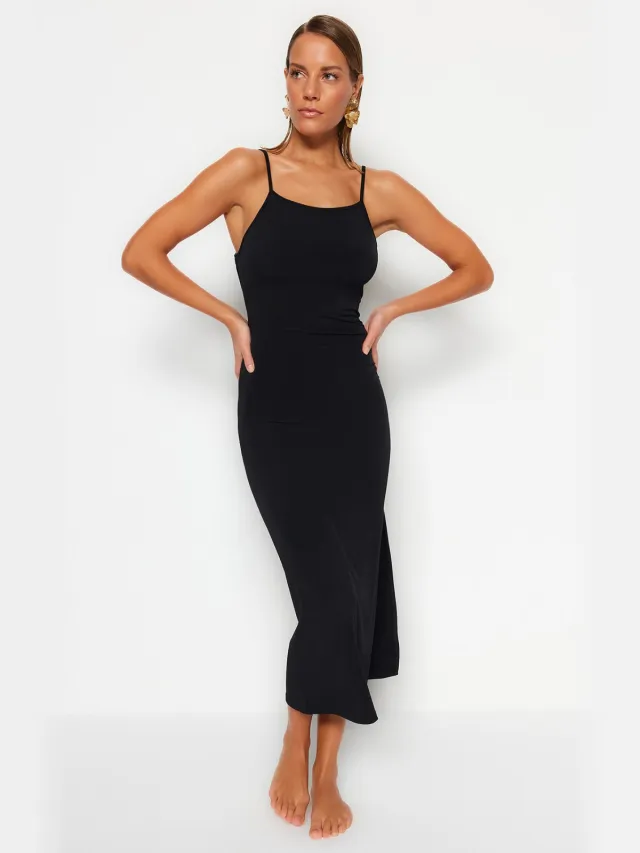 Trendyol TRENDYOLMİLLA Dames Zwart Effen Midi Mouwloos Strandkleding Bodycon Jurken
