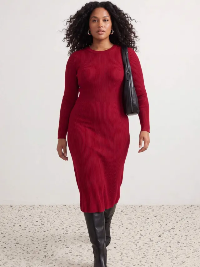 Trendyol Curve Dames Rood Effen Midi Lang Casual A-lijn Grote maten Jurk, foto 2