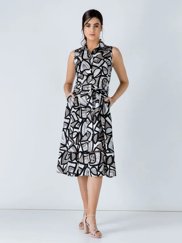 Conquista Zwarte print jurk met riem