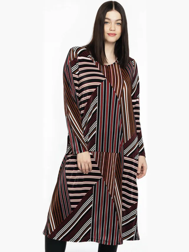 Yoek STRIPES plissé jurk donkerrood zwart