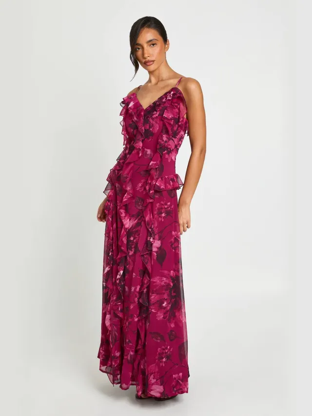 boohoo Dames Bloemen Chiffon Maxi Jurk Met Ruches Detail Pruim