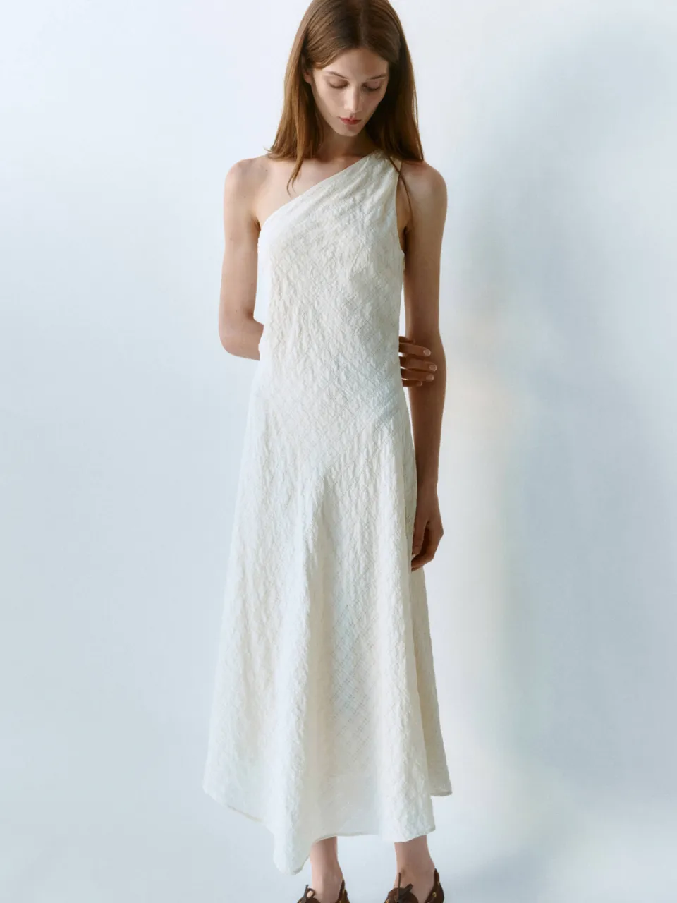 Mango one shoulder midi zomerjurk - ecru
