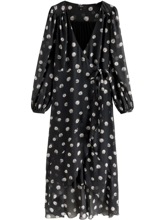 Next Dames - Midi-gelegenheidsjurk met overslag en lange mouwen - Zwart Black/White Spot