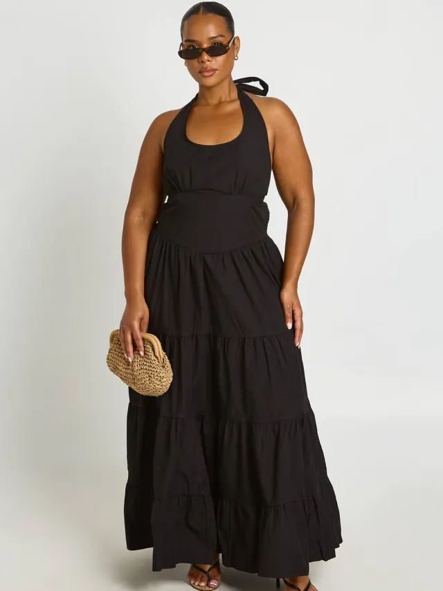 boohoo Dames Plus Halternek Popeline Maxi Jurk Zwart