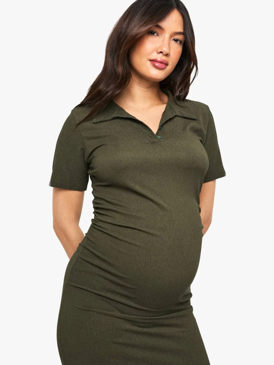 boohoo Dames Zwangerschapsjurk maxi met textuur en knoopdetail kaki, foto 3