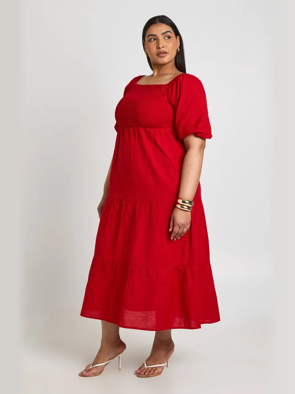 boohoo Dames Plus Linnen-look Jurk Met Volumemouwen En Gelaagde Midaxi Rok rood, foto 2
