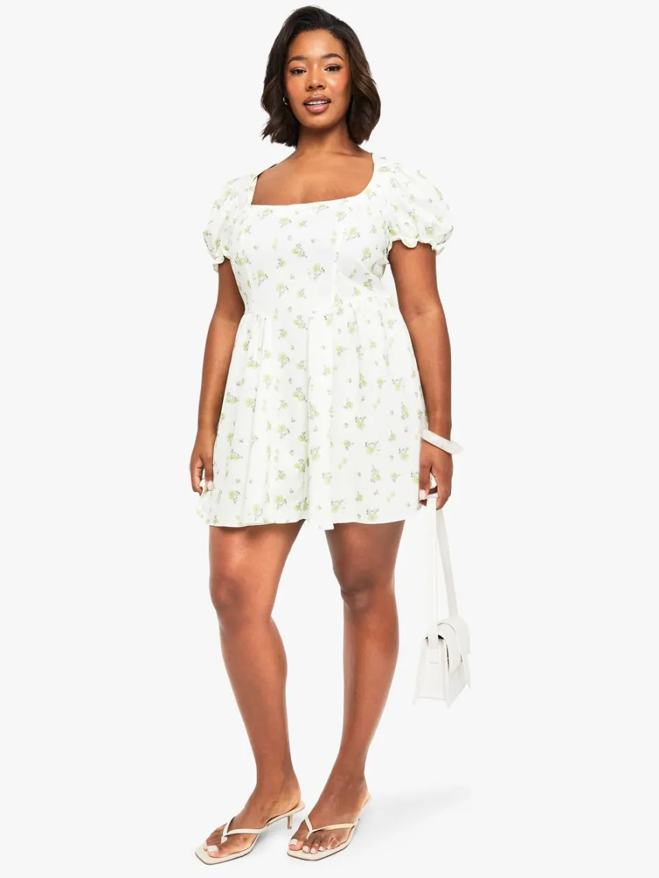 boohoo Dames PLUS PUFF MOUW DITSY MELKMEISJE JURK Ivoor