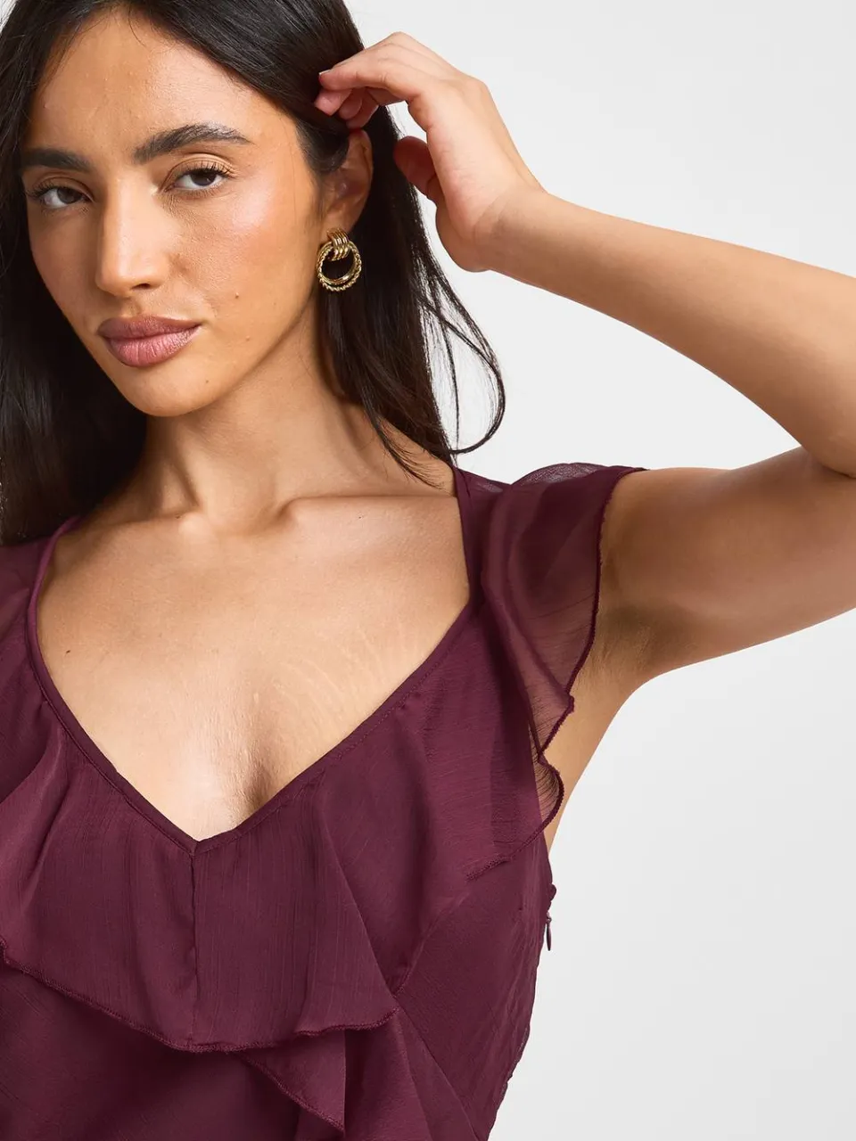 boohoo Dames Chiffon Maxi Jurk Met Ruche Detail pruim, foto 4
