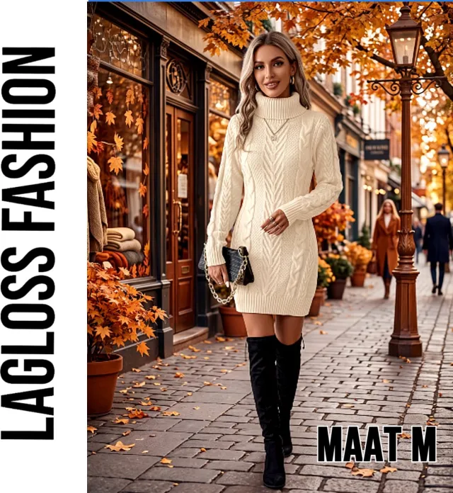 LaGloss Dames Trui-Jurk Beige – Kabelgebreide Winterjurk met Hoge Hals en Lange Mouwen Creme