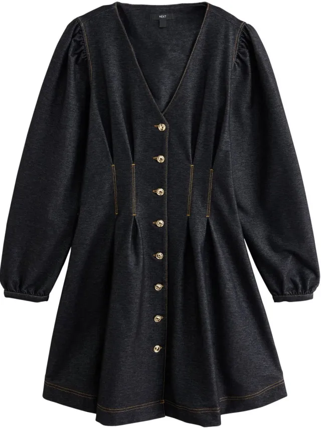 Next Dames - Denim mini-jurk met aangerimpelde taille - Zwart Black