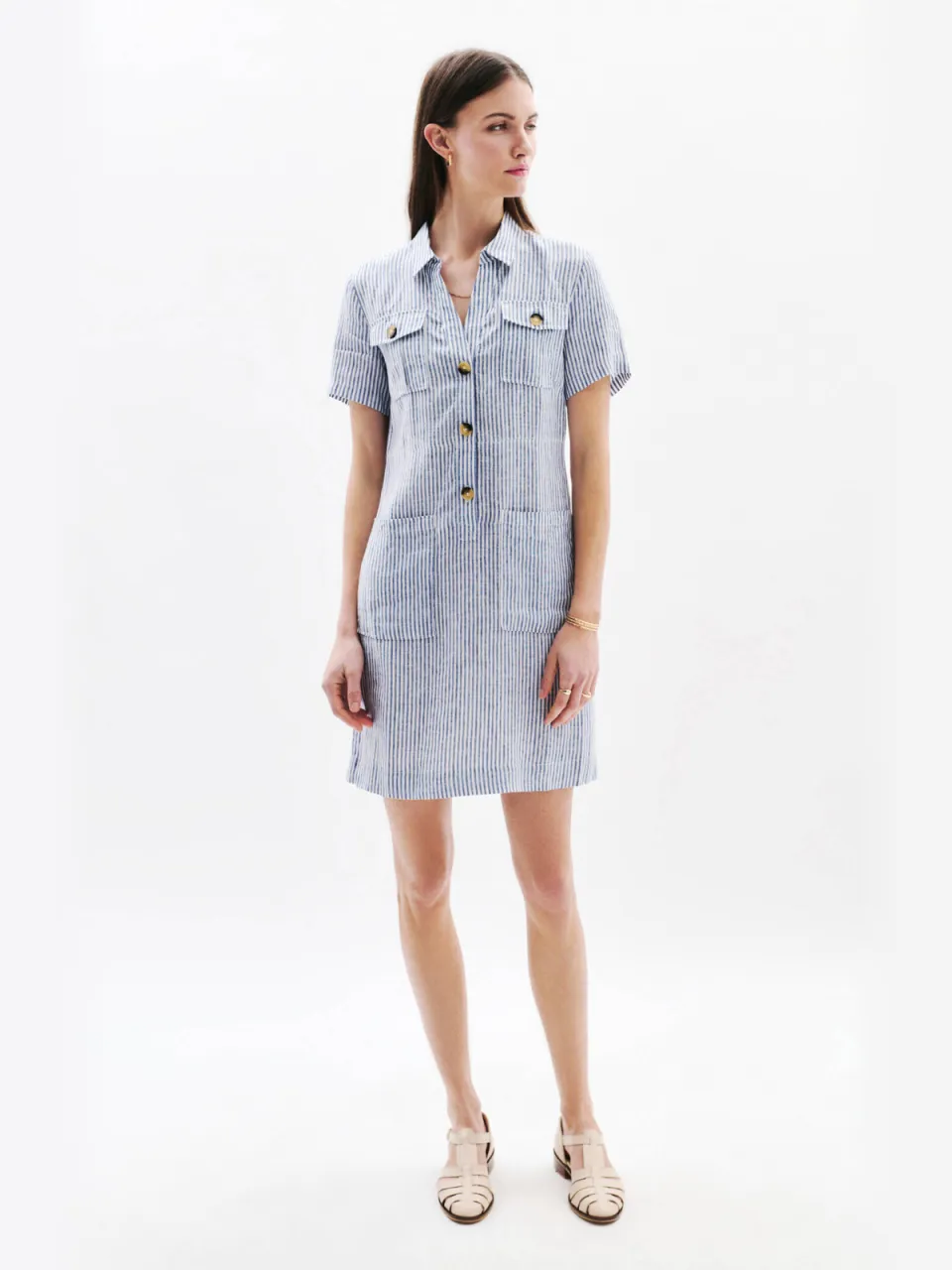 Caroll linnen gestreepte blousejurk medium blue denim Middenblauw, wit
