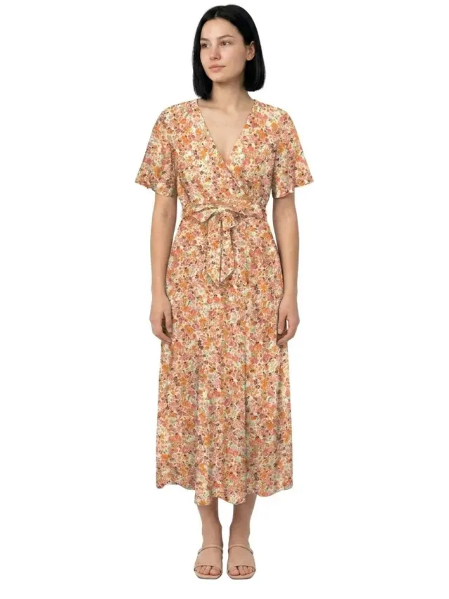 Only Lucie Fr Midi-jurk Met Korte Mouwen Oranje XS Vrouw Cherry Tomato / Aop Claire