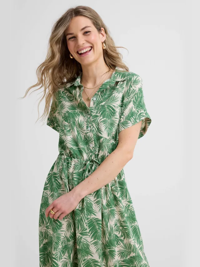 Anytime midi jurk met bladprint beige/groen