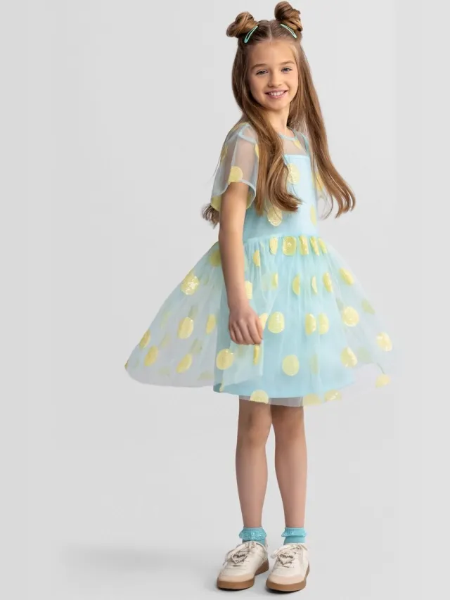 Minoti feestjurk meisjes tule met pailletten - kniehoogte Turquoise