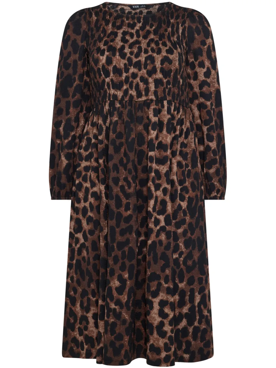 Yours Bruine Midijurk Met Luipaardprint En Smockwerk-68, foto 3