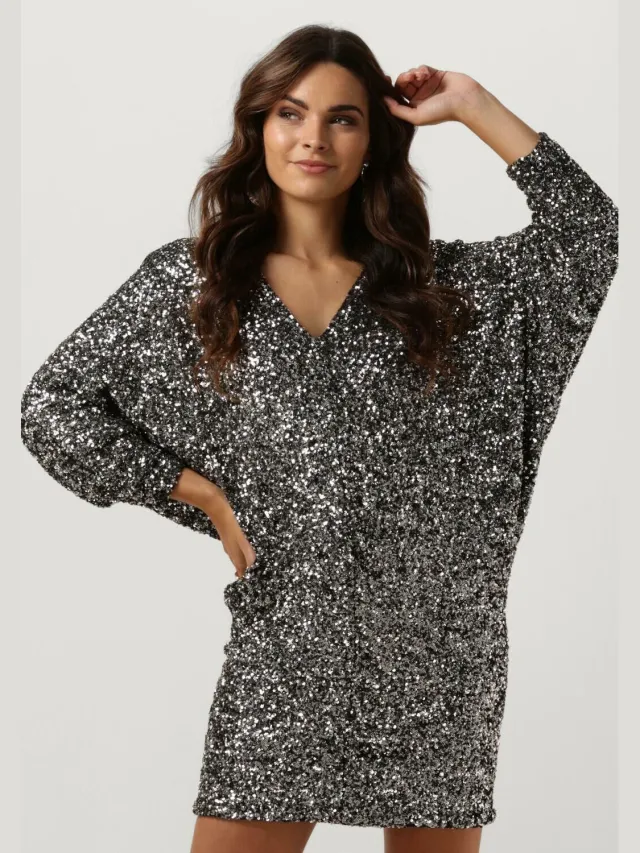 ACCESS Dames Jurken Sequin Mini Dress With V Necklin - Zilver