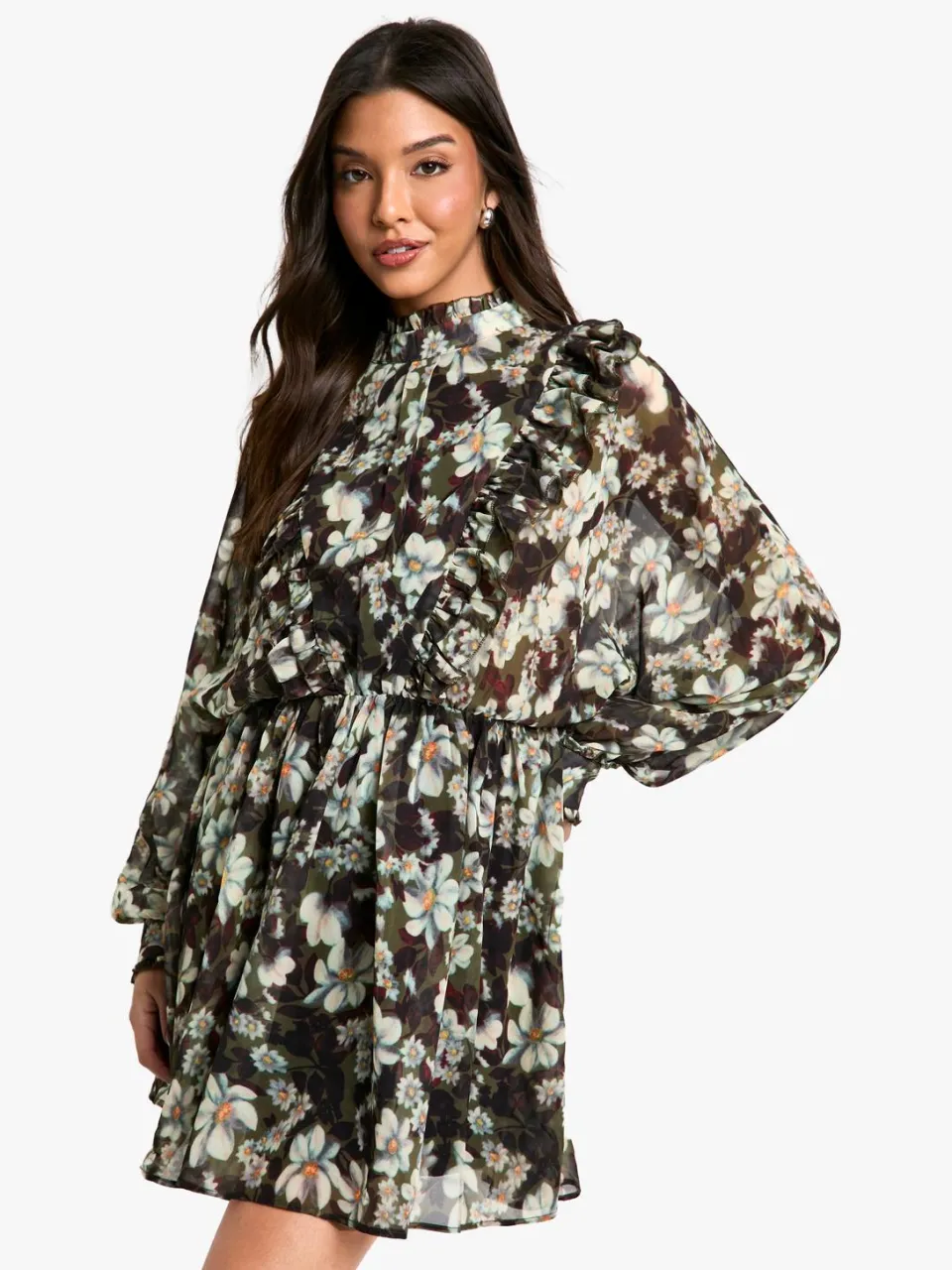 boohoo Dames Bloemenprint Chiffon Mini-Jurk met Lange Mouwen bloemen, foto 3