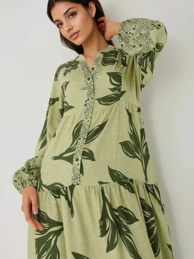 Hiccup Geprinte Lange Mouwen Viscose Maxi Jurk Donkergroen