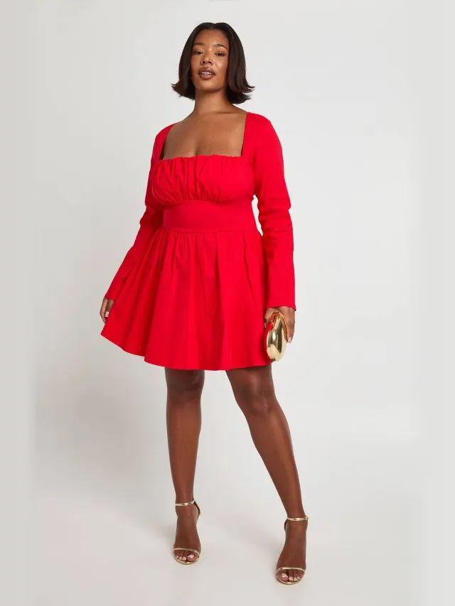 boohoo Dames Plus Bengaline Korset Lange Mouw Skaterjurk Rood