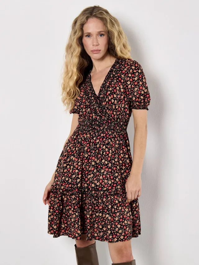 Apricot Mini-jurk met smockwerk en kleine bloemenprint Orange