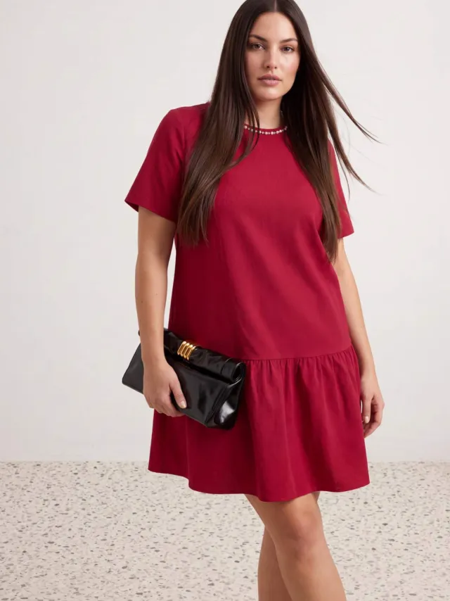 Trendyol Curve Dames Bordeaux Effen Kort / Mini Kort A-lijn Grote maten Jurk Bordeauxrood