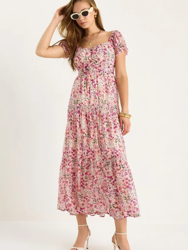 Bianco Lucci Midi-jurk met hartkraag en bloemenprint Roze