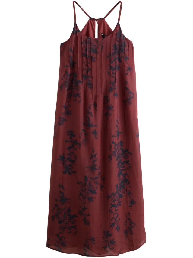 Next Dames - Lange jurk met plooien aan de voorkant en bandjes - Bruin Brown/Black Floral
