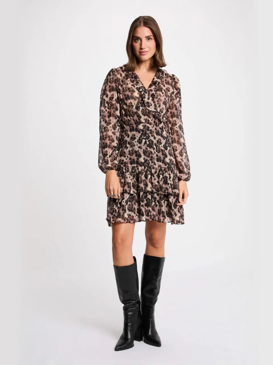 Morgan korte jurk met panterprint met glitter bruin Bruin/ zwart
