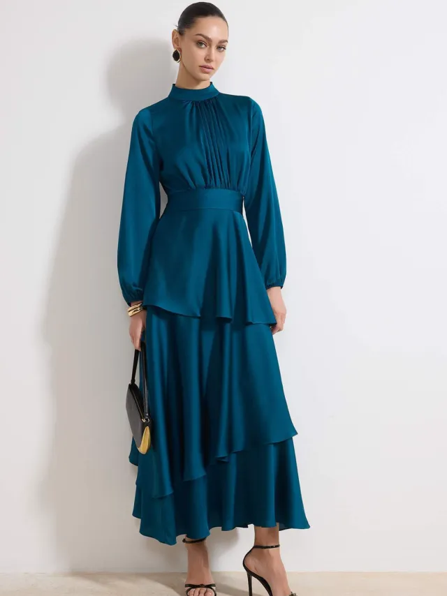 Trendyol Modest Dames Groen Effen Maxi Lang Stijlvol/Avond Skater Modest Avond Jurken