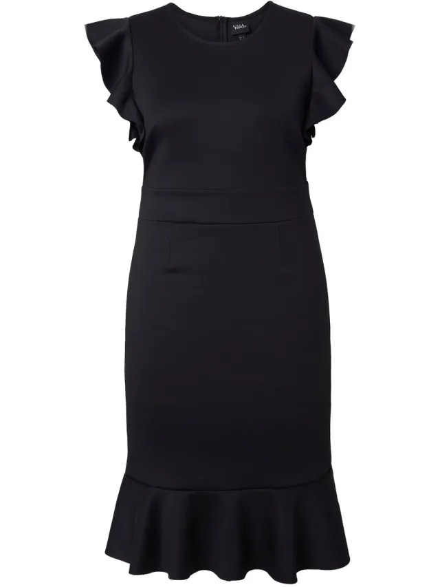 Ulla Popken Dames - Scuba jurk comfortabele pasvorm korte kapmouwen - Zwart