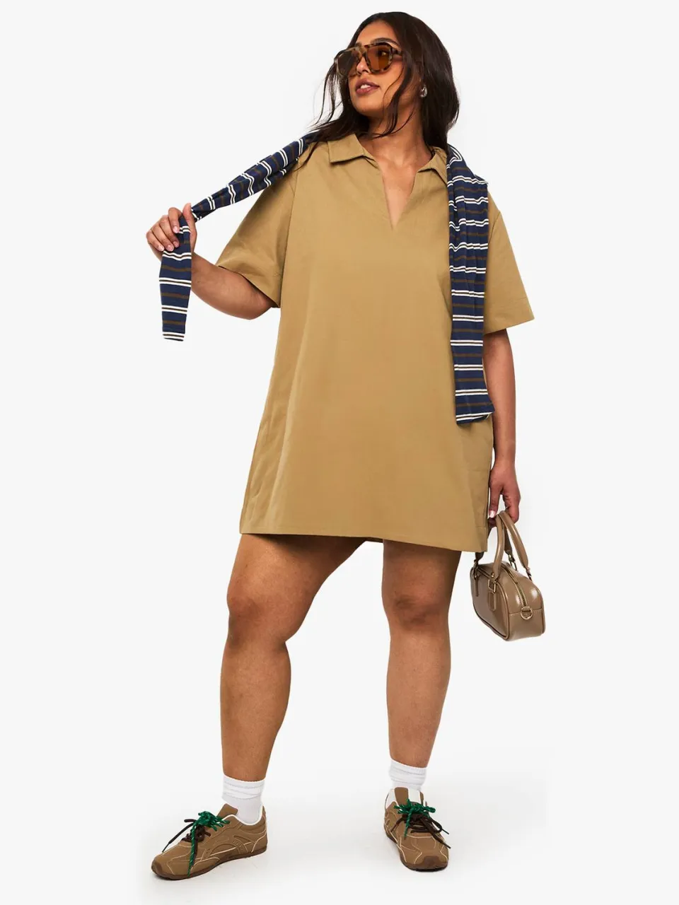 boohoo Dames Twill shiftjurk met pluskraag kaki, foto 2