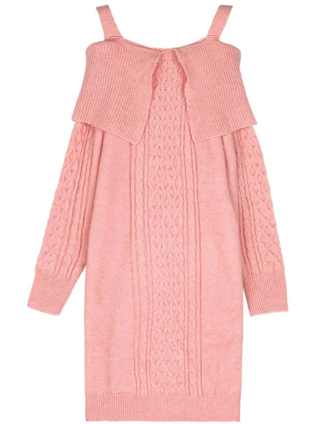 YW YEHWANG YWG - Polyester Gebreide Vrouwen Off-Shoulder Jurk Kabelbreipatroon - Roze
