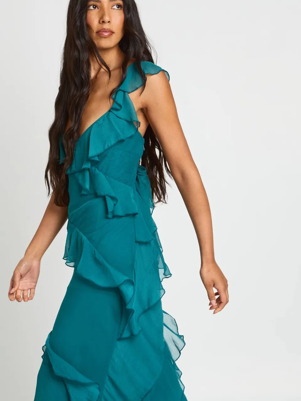 boohoo Dames Lange Chiffon Ruffle Maxi Jurk Tot Op De Grond groenblauw, foto 4