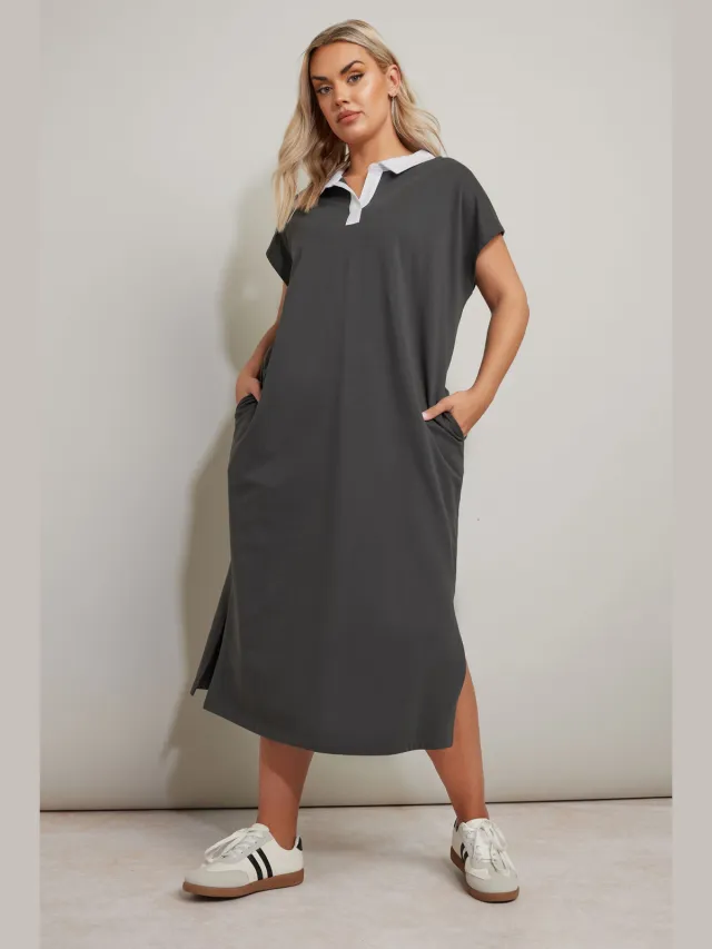 Yours Midaxijurk Van Katoen Met Open Kraag In Donkergrijs Grey
