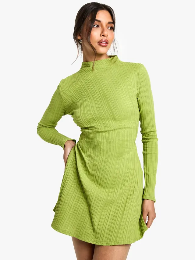 boohoo Dames High Neck Ruched Side Skater Jurk Olijf
