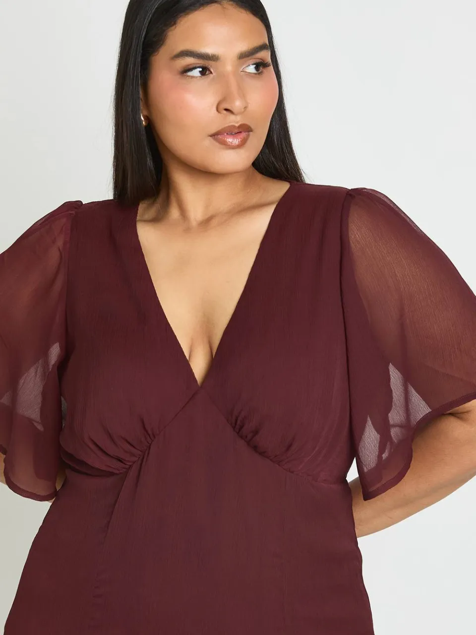 boohoo Dames Plus Jurk Met Engelenmouwen Midaxi chocoladebruin, foto 2