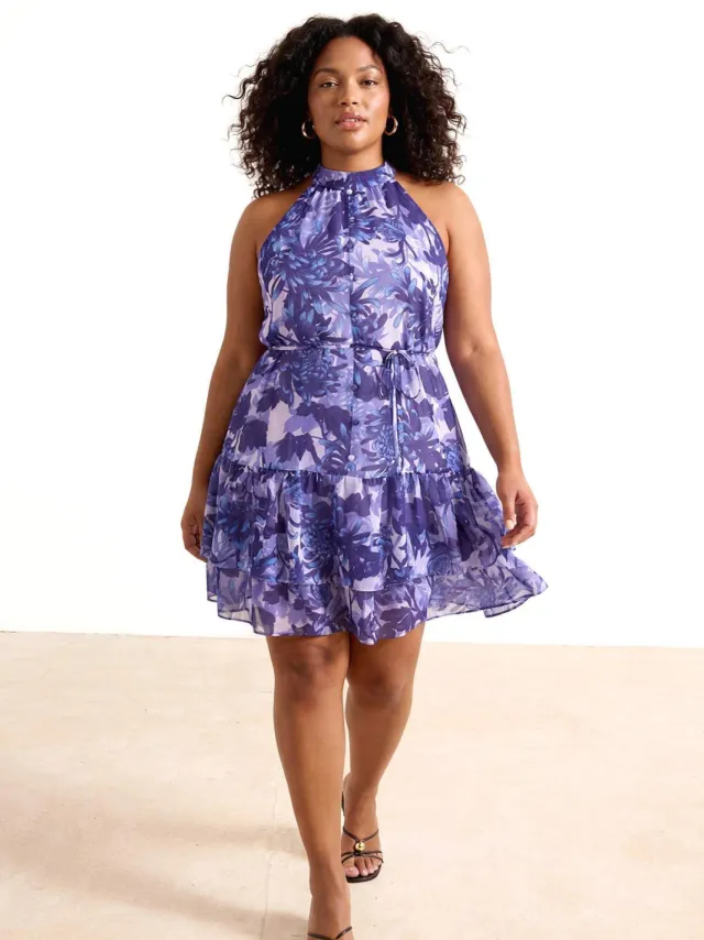 Trendyol Curve Dames Blauw Bloemen Kort / Mini Mouwloos Casual A-lijn Grote maten Jurk