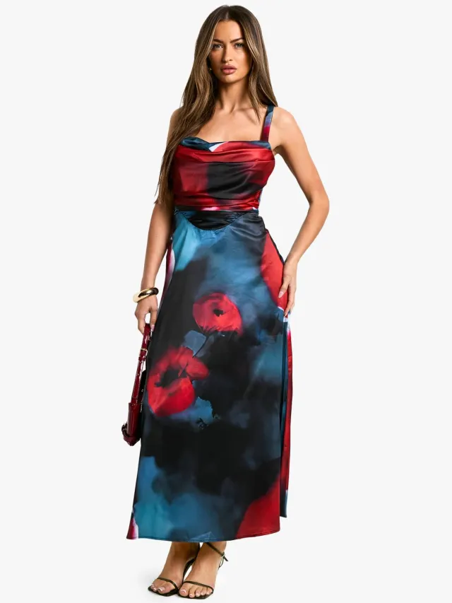 boohoo Dames Florale satijn korset midaxi jurk Zwart