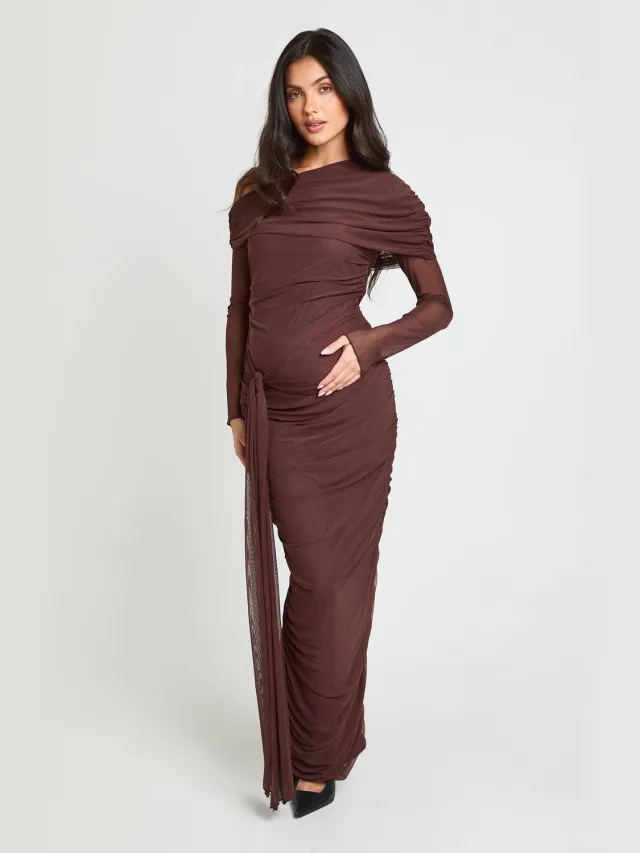 boohoo Dames Zwangerschaps Mesh Asymmetrische Geplooid Strik Maxi Jurk Chocoladebruin
