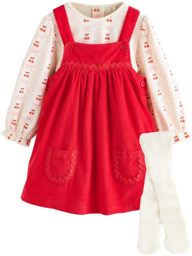 Next Meisjes - Set van corduroy pinafore, bodysuit met lange mouwen en maillot voor baby's - Rood Red Bow