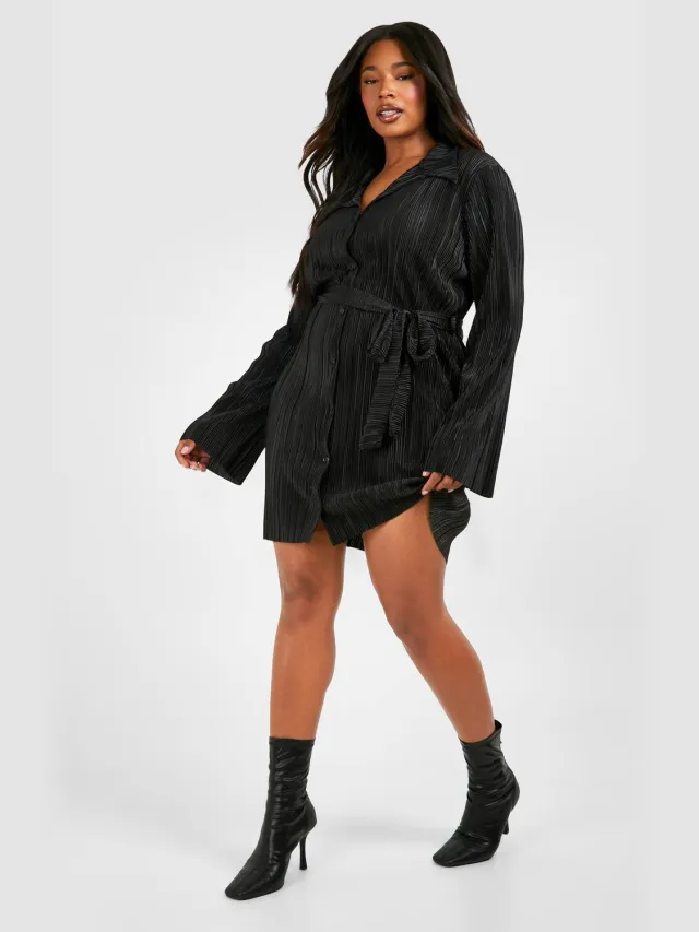 boohoo Dames Plus Plisse Uitlopende Mouw Tie Shirtjurk Zwart