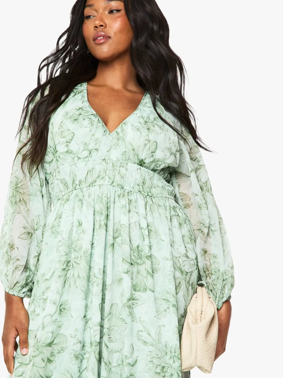 boohoo Dames Plus Floral Chiffon Jurk met geruimde blousonmouwen verstandig, foto 3
