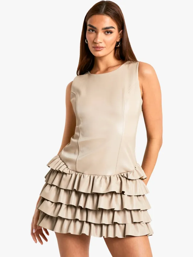 boohoo Dames PU Ruffle Hem Mini Jurk Steen