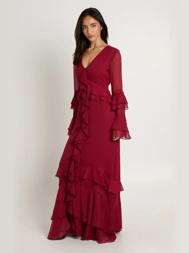 boohoo Dames Chiffon Ruches Kant Trim Detail Maxi Jurk Merlot